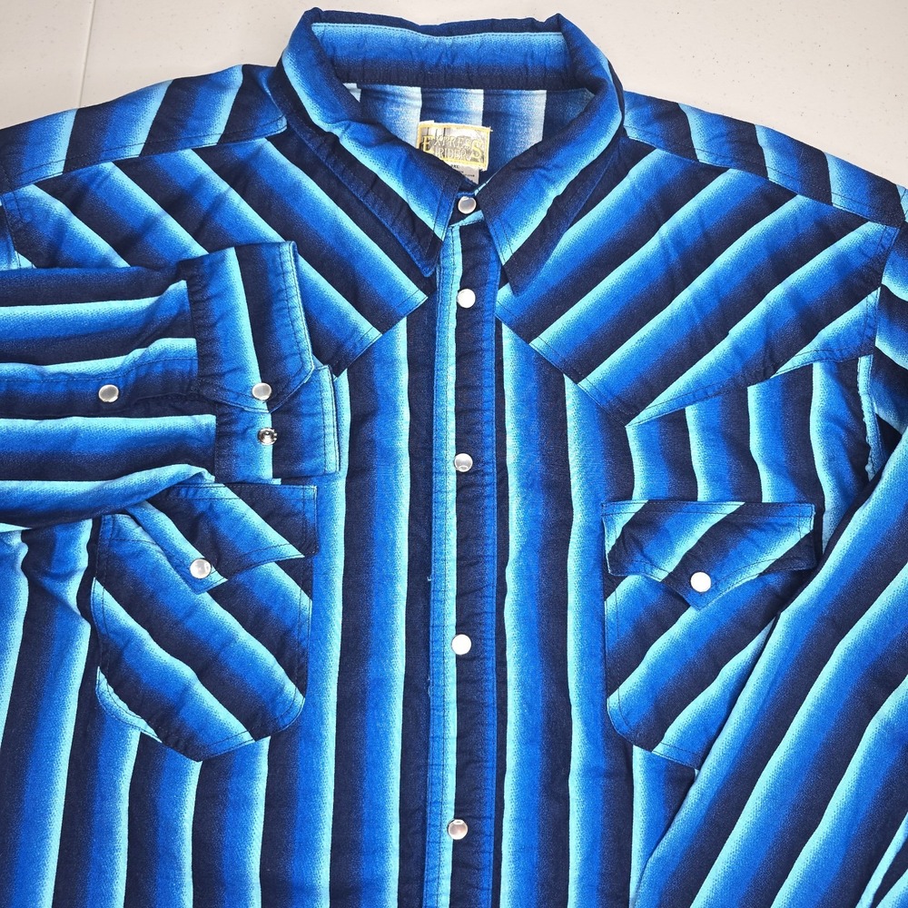 EXPRESS RIDER Men's 2XL Blue Black Stripe Long Sleeve Western Shirt Vintage 1559